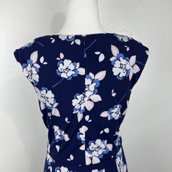 Eliza J Dress Women 10 Blue White Floral Allover Print Cap Sleeve Sheath Stretc - Picture 12 of 14